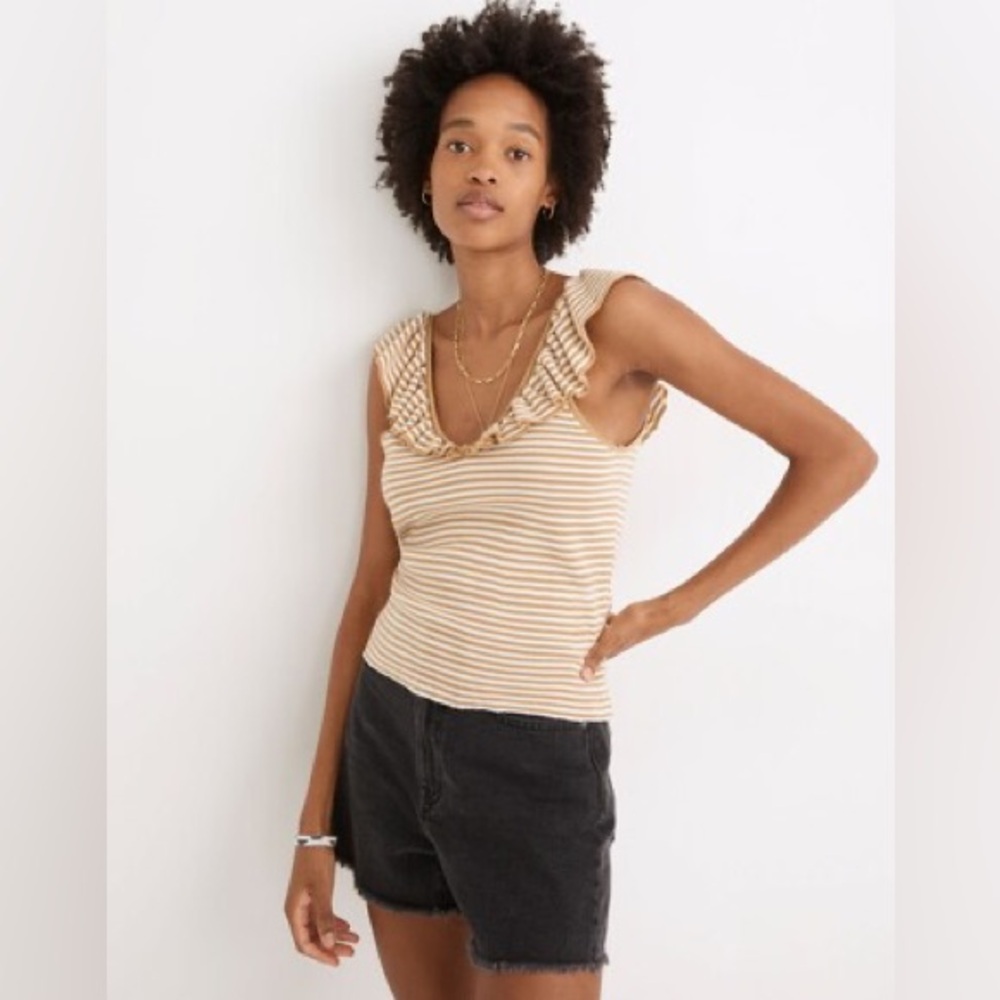 Madewell Belhaven Ruffle Sweater Tank Caramel Stripe Size‎ Large